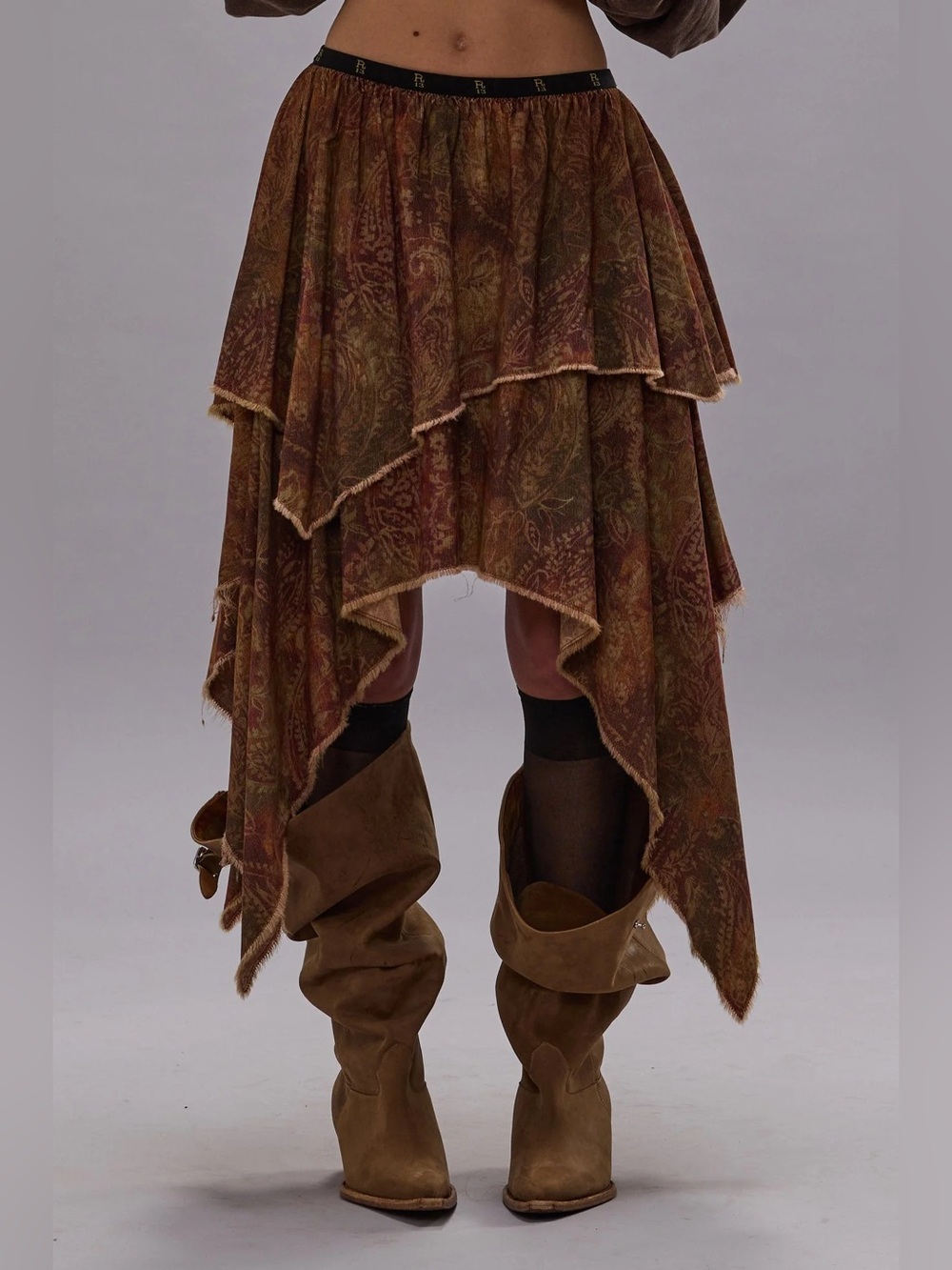 NWT R13 Handkerchief Boho Tiered Hem Skirt in Rust Brown
